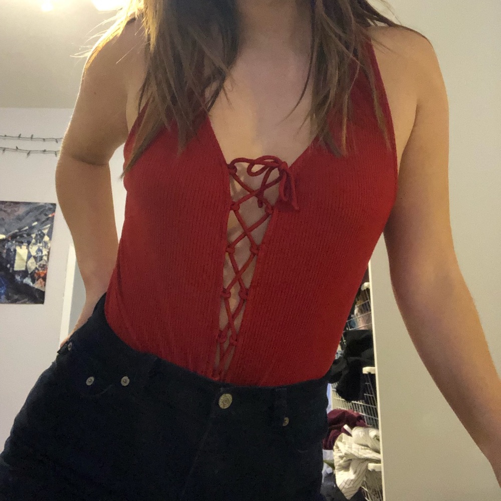 Red Lace Up Bodysuit